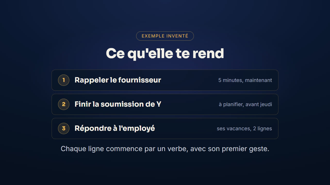 Exemple de liste rangée par Ava : trois actions classées, chacune avec son premier geste